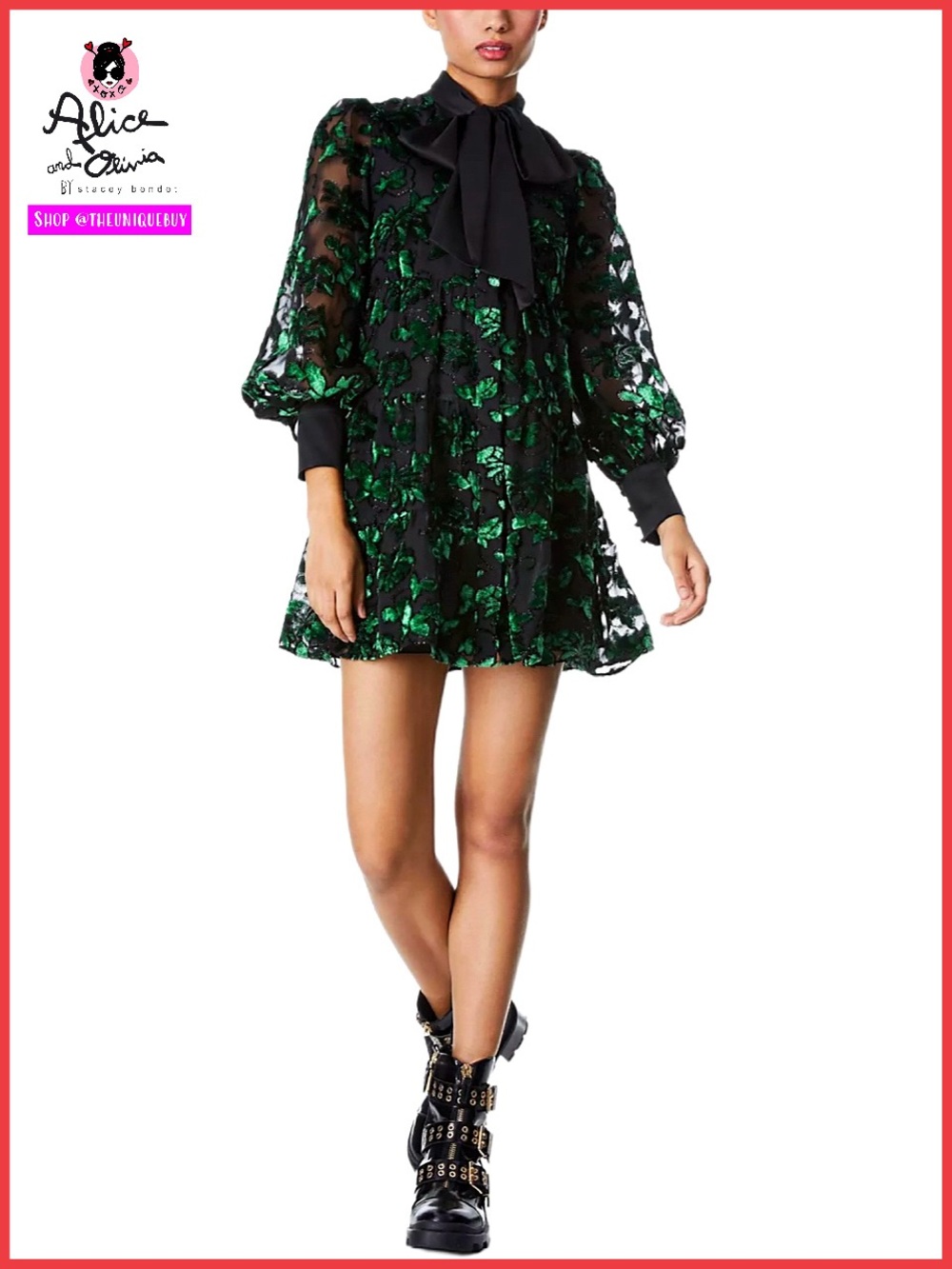 Alice + Olivia Rowen Emerald Green Bow Neck Blouson Sleeve Mini Dress